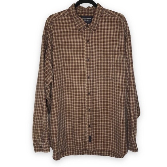 Abercrombie & Fitch Plaid Tan Red Long Sleeve Button Front Cotton Shirt Mens XL - Picture 1 of 13